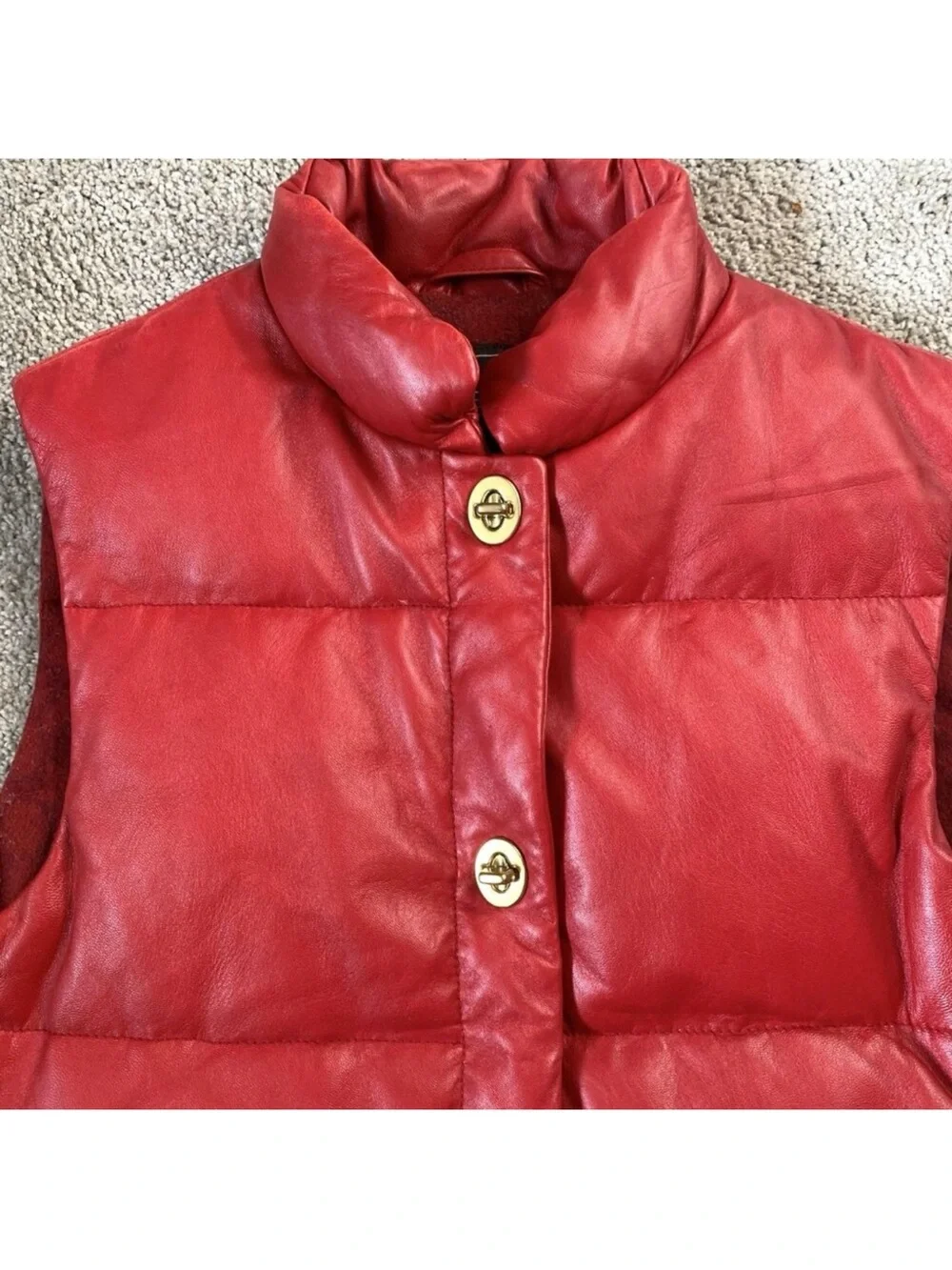 $598 Coach Red Leather Down Puffer Vest w/ Turn lock Gold Hardware Womens Sz XS